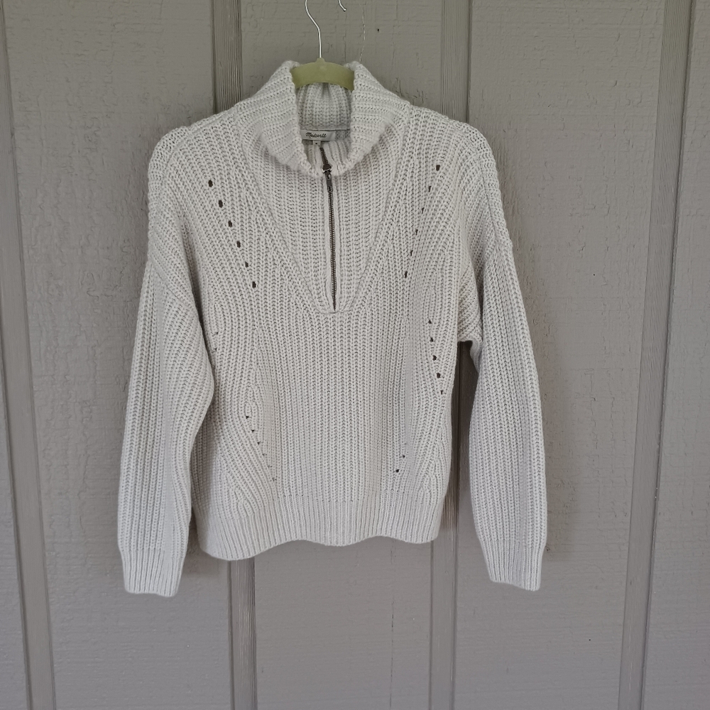 Madewell Pointelle Half Zip Pullover Sweater SZ M Women Preppy Heather Blizzard